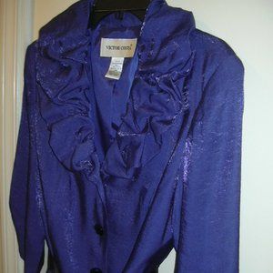 Lustrous royal blue Jacket w/ blk satin ribbon belt by Victor Costa